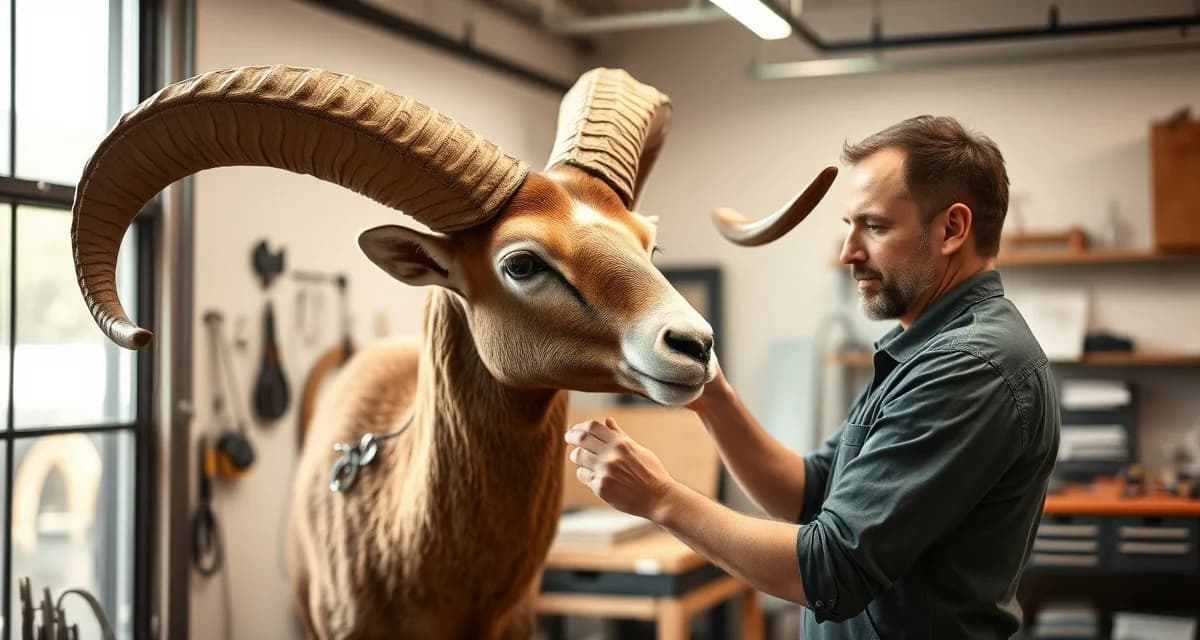 High-value trophy mount quality control Professional taxidermist inspecting a mounted Nevada bighorn sheep in a modern taxidermy shop management workspace