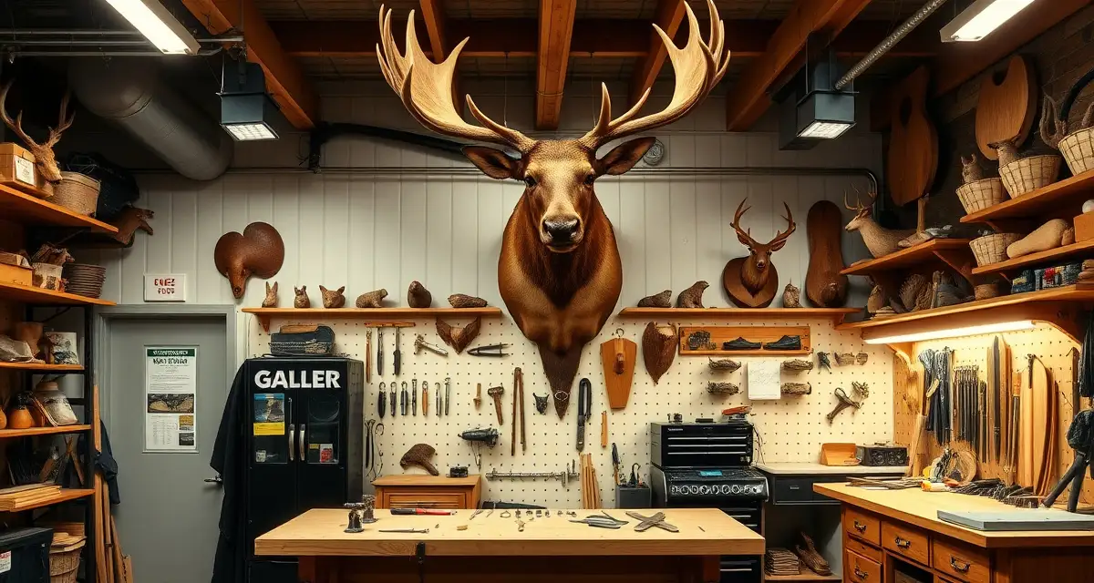 NH Taxidermy Business Operations Setup Professional taxidermy shop workspace in New Hampshire featuring moose mount and organized workbench with management tools