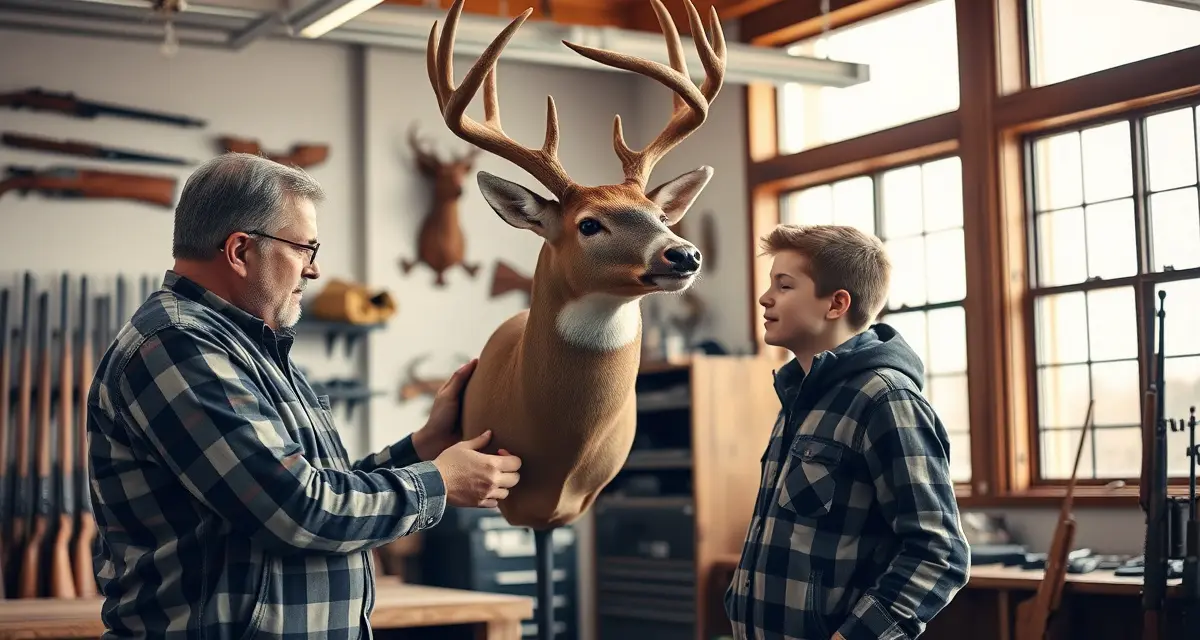 Taxidermy shop marketing to first-time hunters Experienced taxidermist teaching new hunter about mounted wildlife in professional taxidermy shop, demonstrating quality craftsmanship and customer education.