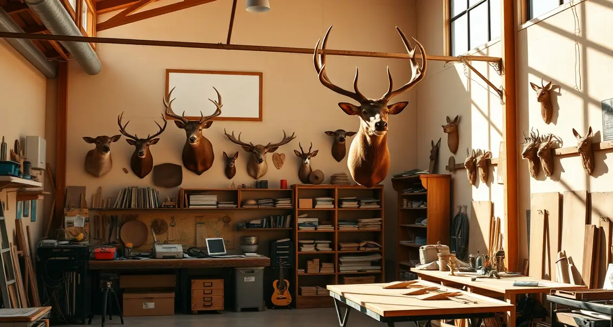 Elk taxidermy preparation setup in New Mexico Professional taxidermist workspace displaying mounted elk head in New Mexico shop with organized equipment and natural lighting