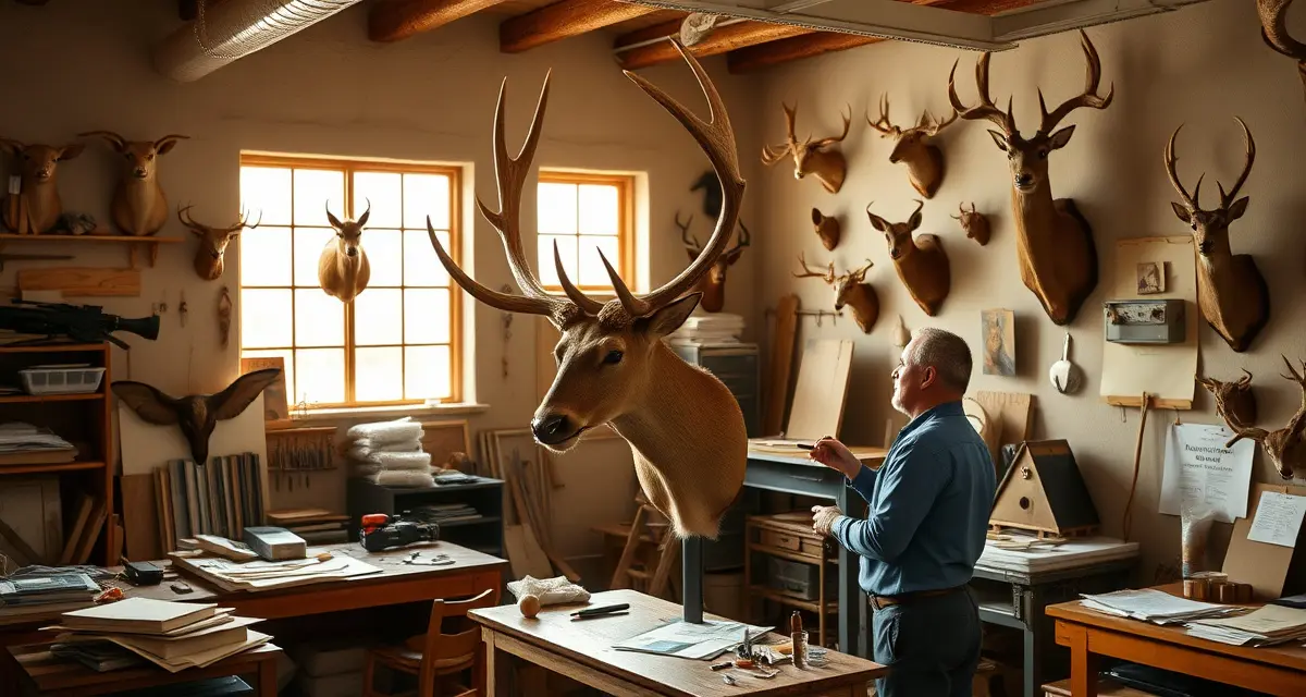 Expert taxidermy shop management for New Mexico trophy hunters Professional taxidermist in New Mexico shop carefully mounting an elk trophy using specialized taxidermy shop management techniques and tools.