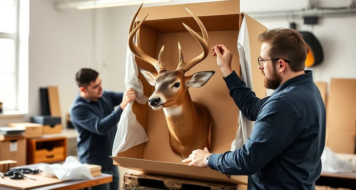 Proper packaging techniques for shipping mounted trophies Taxidermist securely packaging a mounted trophy for out-of-state hunter shipment with protective materials and documentation