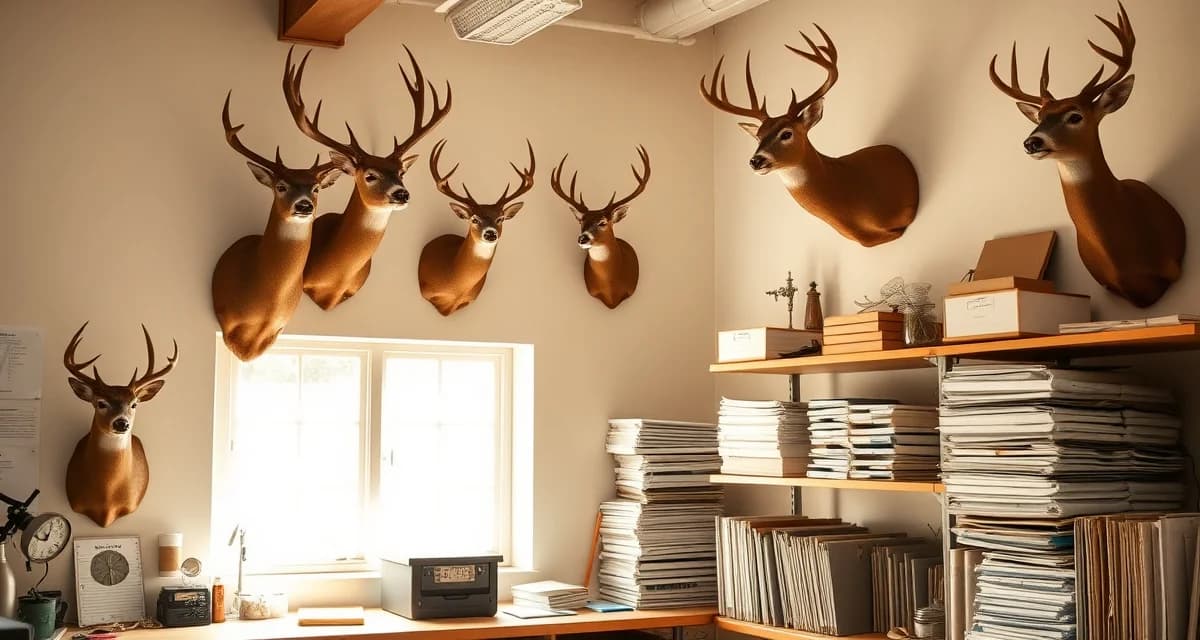 NC deer season taxidermy shop preparation Organized taxidermy workshop displaying prepared deer mounts with documentation systems for North Carolina deer season management