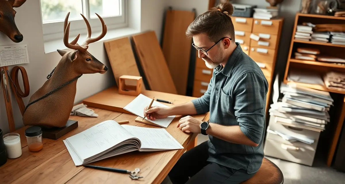 WRC Compliance Documentation for NC Taxidermists North Carolina taxidermist reviewing detailed deer specimen intake records and compliance documentation at workstation