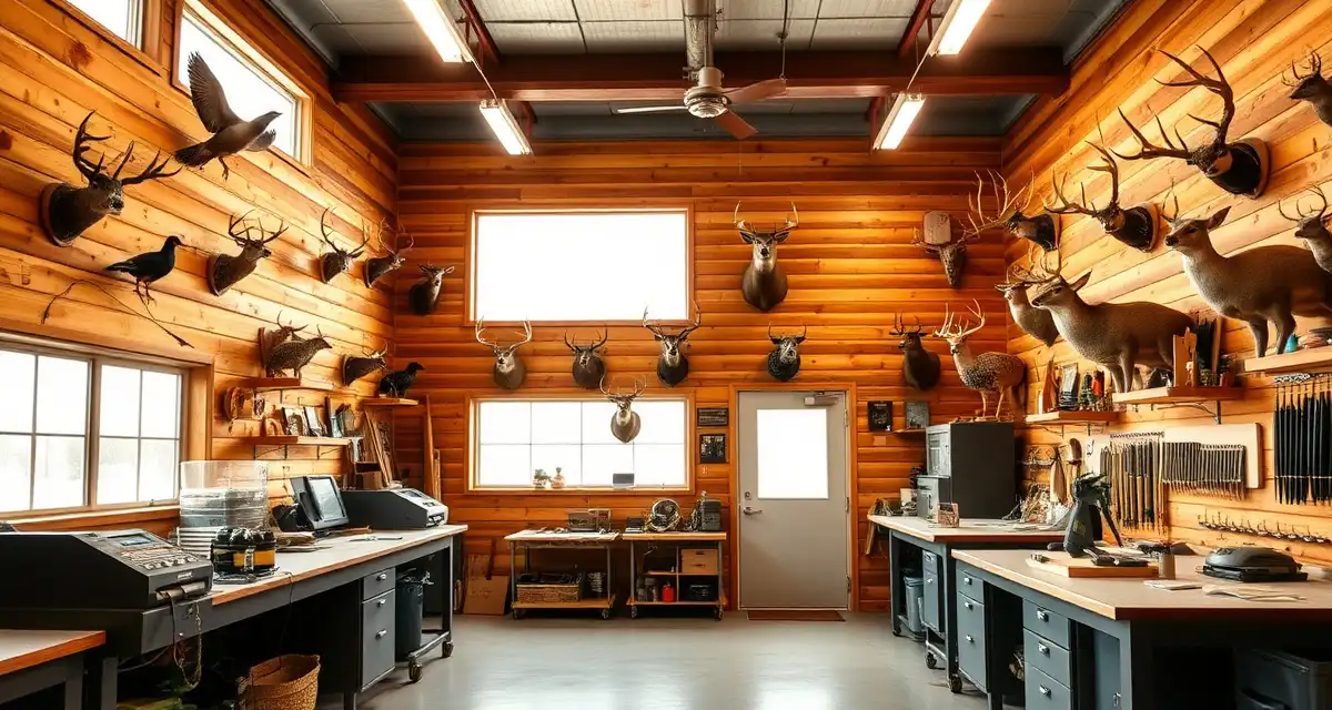 Modern taxidermy shop setup for North Dakota operations Professional taxidermy shop displaying mounted pheasants and mule deer specimens with organized workflow stations for North Dakota taxidermists.