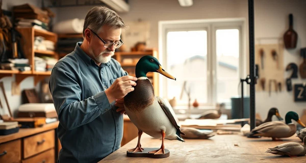 Waterfowl taxidermy intake preparation Taxidermist examining waterfowl specimen during North Dakota duck season preparation at shop workbench