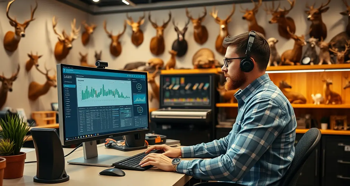 Taxidermy business management solution for Northeast shops Taxidermy shop manager using MountChief software dashboard to manage orders and inventory across Northeast region shops