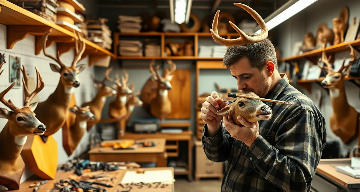Taxidermy shop preparation for Ohio's peak deer season Professional taxidermy workshop setup showing completed deer mounts and preparation stations for Ohio deer season intake management.