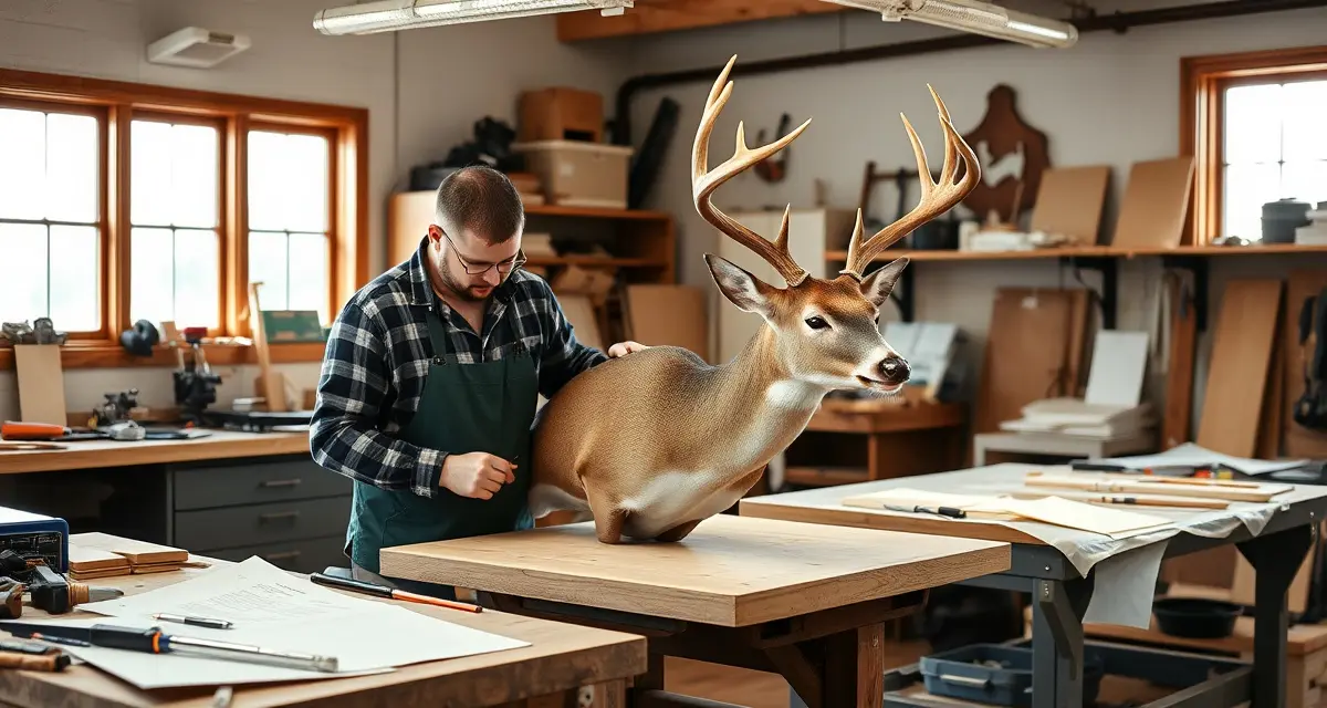 Professional taxidermy workshop during Ohio gun season Taxidermy shop management software helps Ohio businesses handle peak deer season intake with organized workflow systems and production tracking.