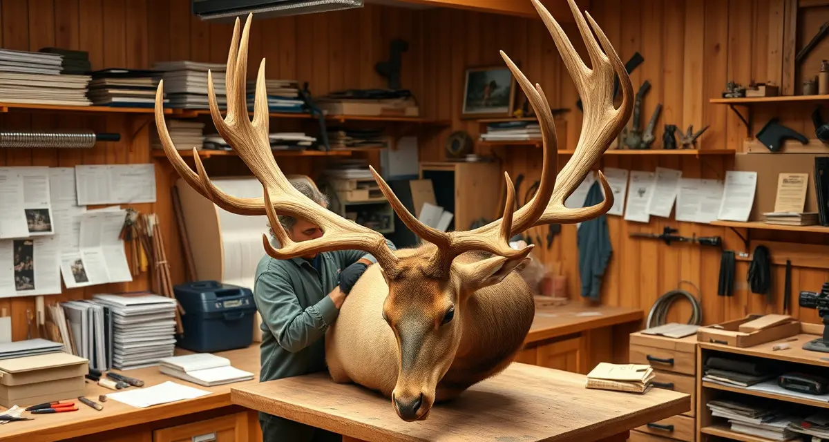 Professional taxidermy shop management for Oregon taxidermists Taxidermist in Oregon workshop carefully mounting a Roosevelt elk specimen with documentation materials for species compliance