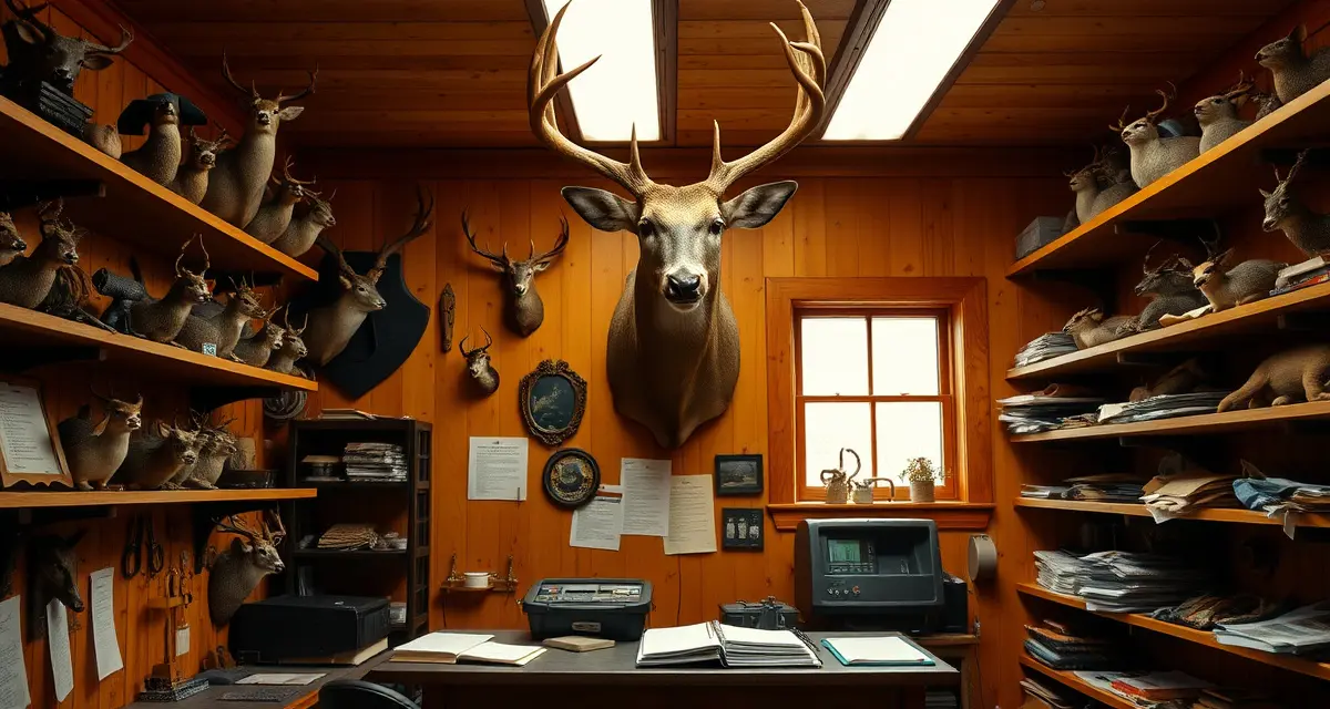 PA Deer Season Taxidermy Shop Setup Organized taxidermy shop workspace showing mounted deer specimens and compliance documentation systems for Pennsylvania hunting season preparation