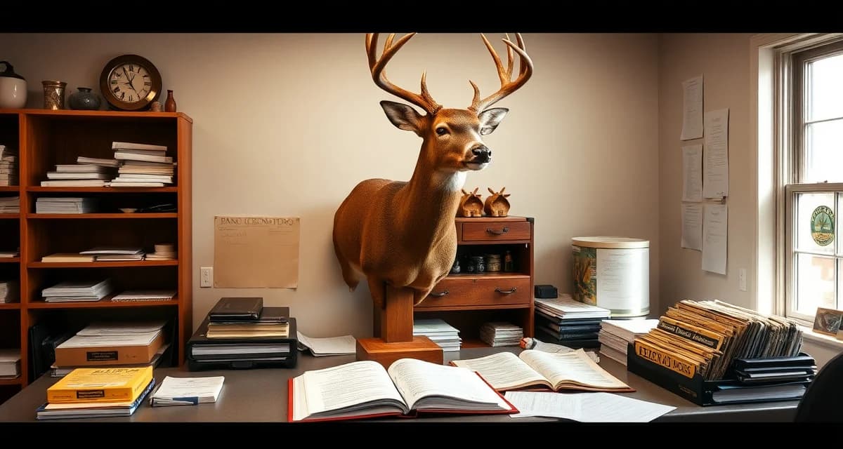 PA taxidermy licensing and record-keeping requirements Pennsylvania taxidermy records documentation showing deer mount with Game Commission compliance materials and record-keeping materials on desk.