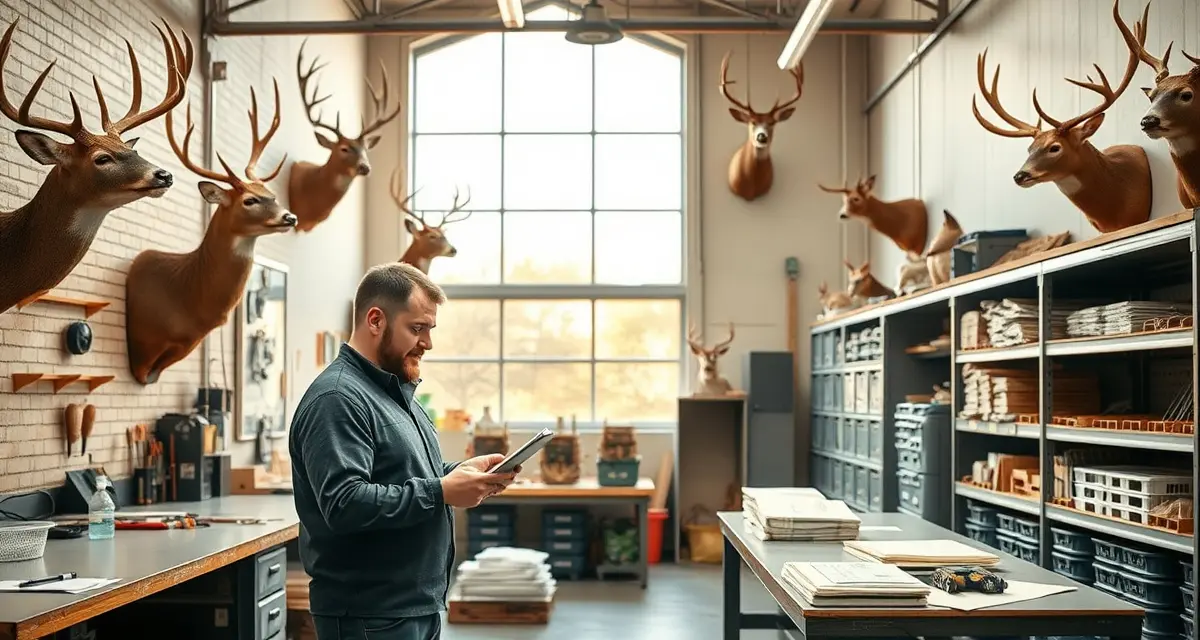 Taxidermy shop management workflow in Pennsylvania Taxidermist using shop management software to track deer mounts during Pennsylvania firearms season peak volume processing