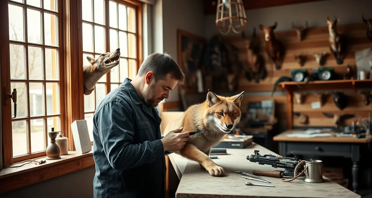 Professional predator mount job tracking in taxidermy shop Taxidermy professional working on predator mount tracking and preparation in organized workshop with specialized tools and equipment