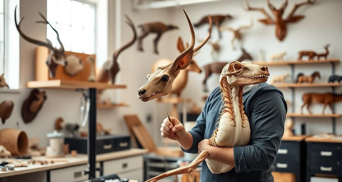 Expert taxidermist demonstrating preservation techniques Professional taxidermist sculpting and fitting animal hide to anatomical form in modern workshop for lifelike display mount.