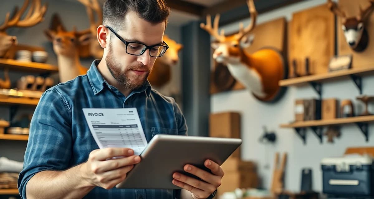 Professional invoicing for taxidermy businesses Taxidermy shop owner reviewing professional invoice template on tablet with mounted specimen visible in background