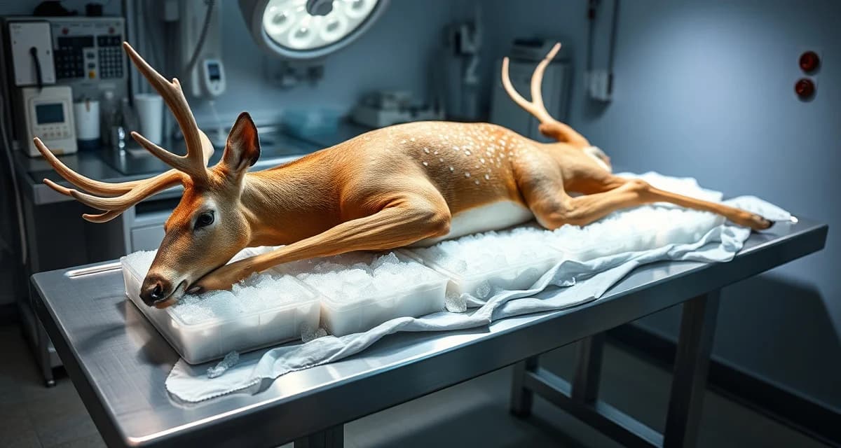 Specimen preservation best practices for taxidermists Frozen deer specimen properly stored on metal table with ice packs before taxidermy processing, demonstrating correct preservation technique