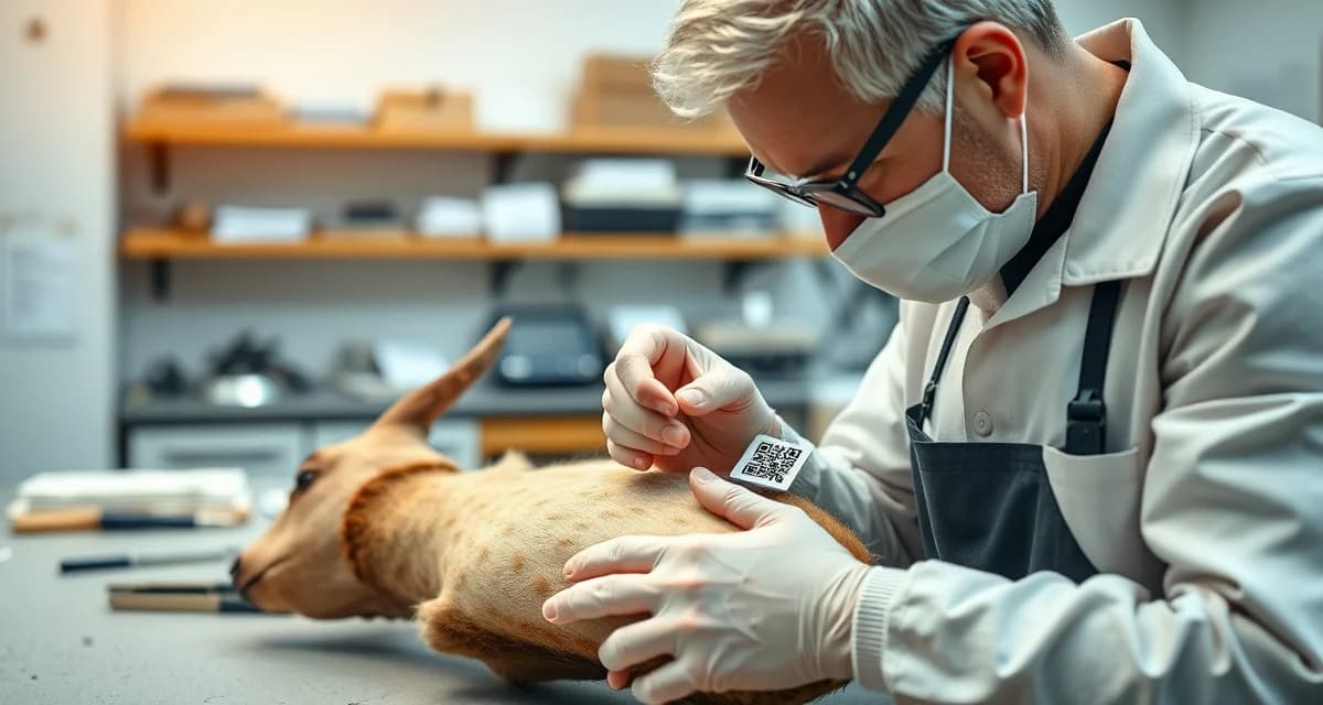 QR tag specimen identification system Taxidermist applying permanent QR code tag to specimen during intake to prevent mix-ups with digital tracking system