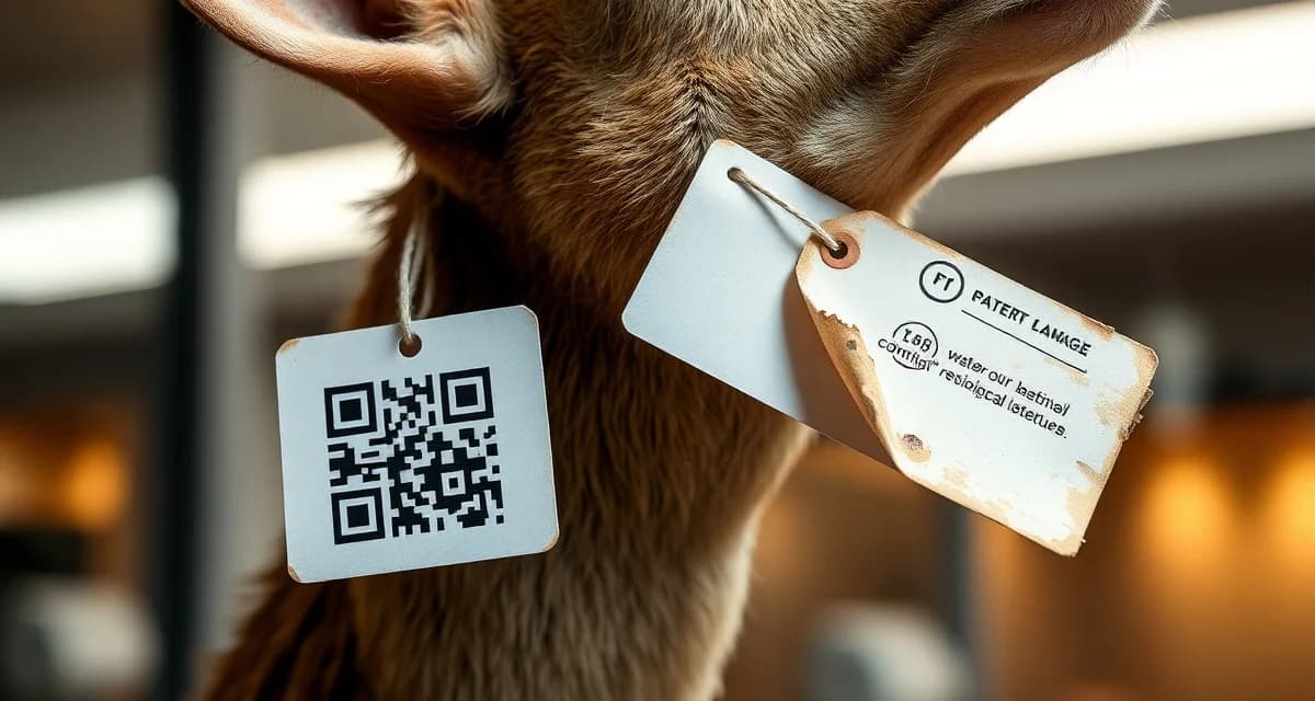 Durable QR tracking vs deteriorating paper tags QR code tag on taxidermy specimen compared to damaged paper tag showing chemical deterioration and water damage from tannery processing.