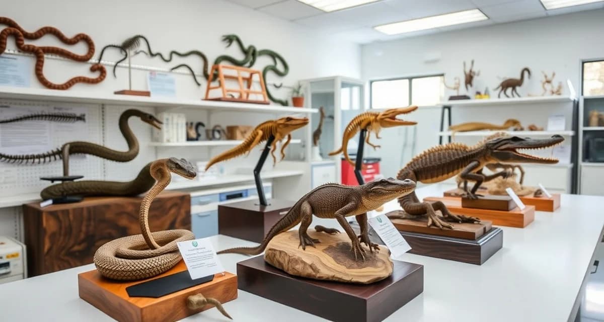 Reptile mount tracking and compliance organization Organized reptile taxidermy mounts including snakes, lizards, and alligators displayed with regulatory compliance documentation and tracking systems for professional taxidermy shop management