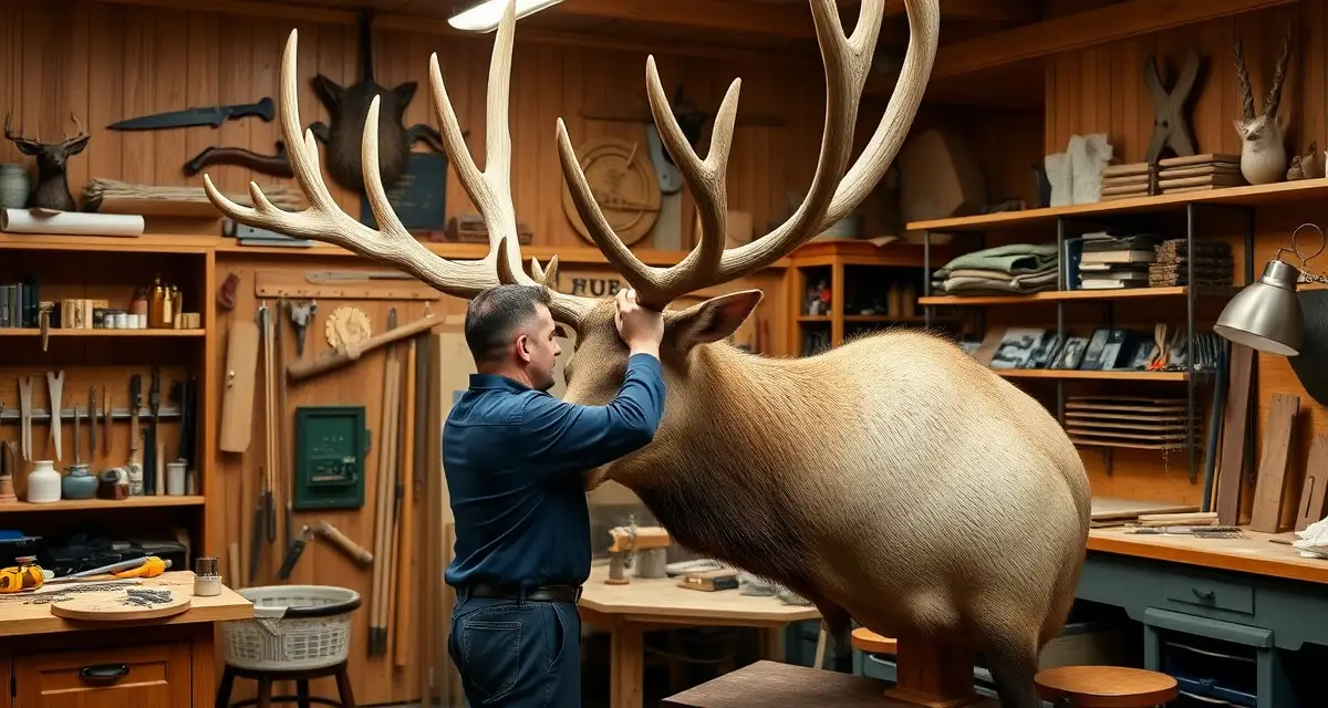 Specialized taxidermy techniques for Pacific Northwest species Professional taxidermist working on Roosevelt elk mount in Pacific Northwest shop with specialized tools and equipment