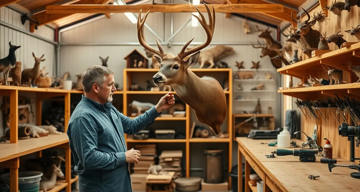 Professional taxidermy workshop management solutions Rural taxidermy shop with organized specimen storage and professional management setup for remote customer handling