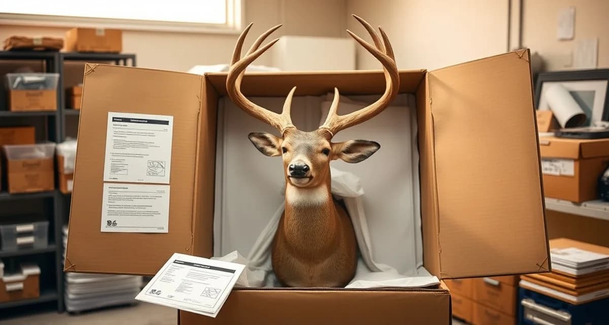 Interstate taxidermy specimen shipping and Lacey Act compliance Taxidermist properly packaging a finished mount for interstate shipping with compliance documentation and protective materials visible.