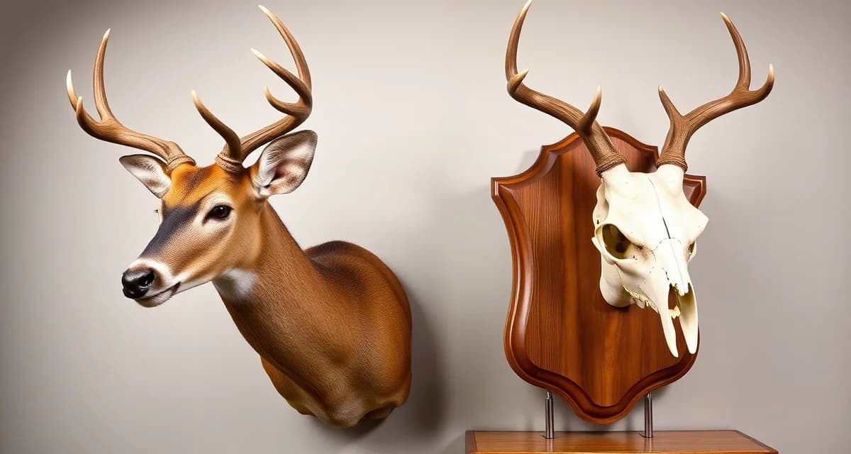Taxidermy mount types side-by-side visual comparison Comparison of shoulder mount and European mount taxidermy displays showing full head mount versus cleaned skull mount
