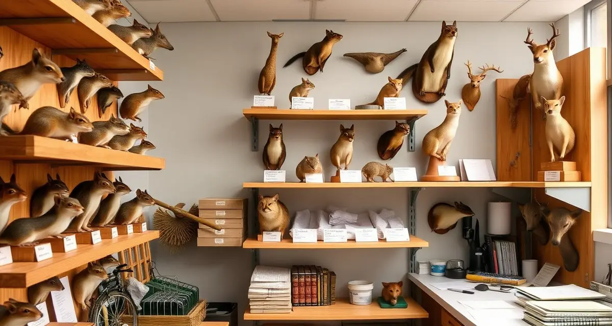 Specimen organization system for small mammal mounts Organized small mammal taxidermy mounts with tracking labels showing squirrel, fox and mink specimens on display shelves