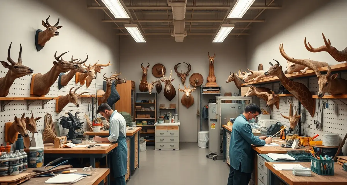 Efficient taxidermy shop workflow for small teams Small taxidermy shop with organized workstations and team managing mount projects efficiently using software management system