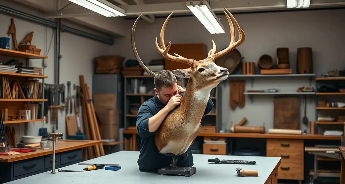 Modern taxidermy workshop with organized mount management Solo taxidermist efficiently managing 150 deer mounts during peak season using MountChief software workflow