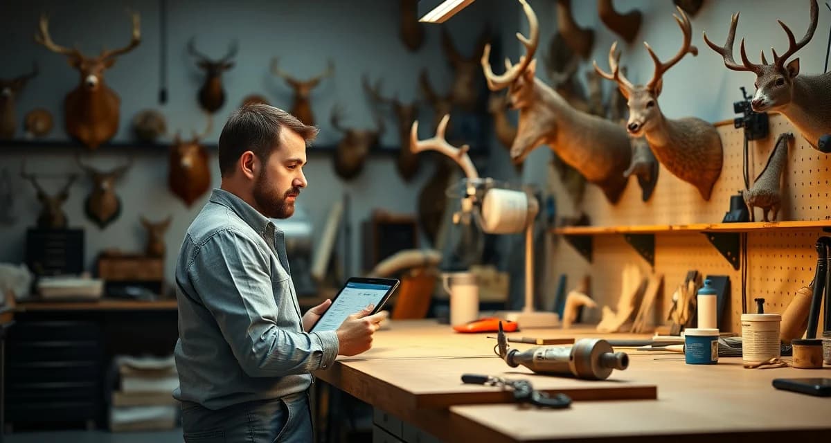 Taxidermy shop management solution for one-person operations Solo taxidermist using MountChief software on tablet while working at professional taxidermy workbench with mounted specimens
