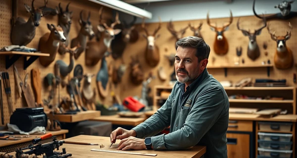 Efficient taxidermy shop workflow optimization Solo taxidermist working efficiently at organized workbench with mounted whitetail deer, demonstrating streamlined shop management.