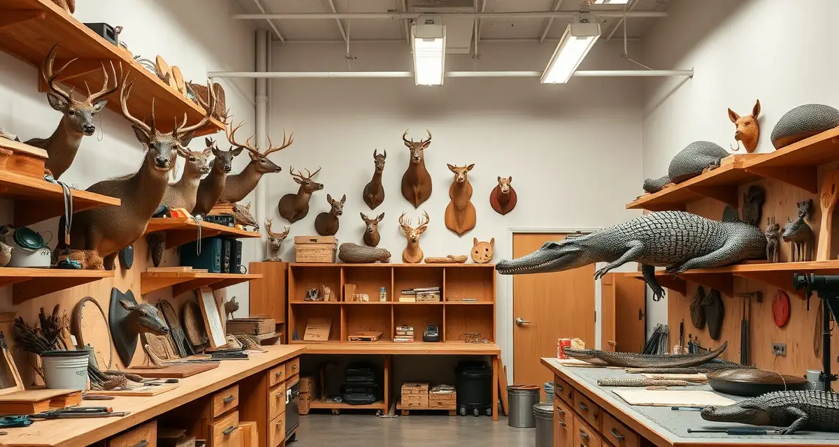 SC taxidermy business management solution Professional taxidermy shop management workspace in South Carolina with mounted specimens and organized compliance documentation system