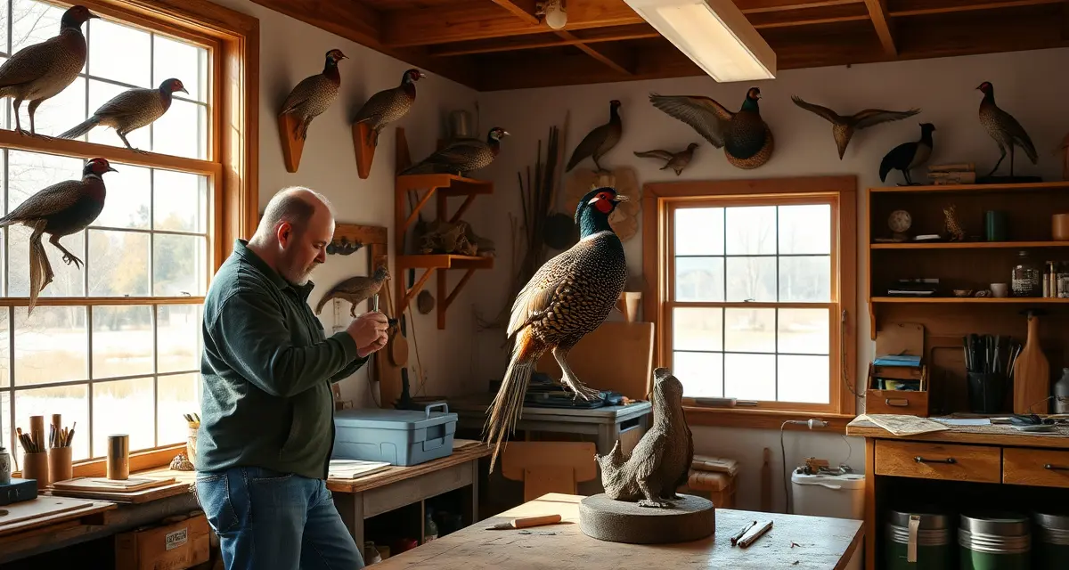 Pheasant taxidermy mounting workflow Professional taxidermist preparing ringneck pheasant mount in workshop during South Dakota pheasant season preparation