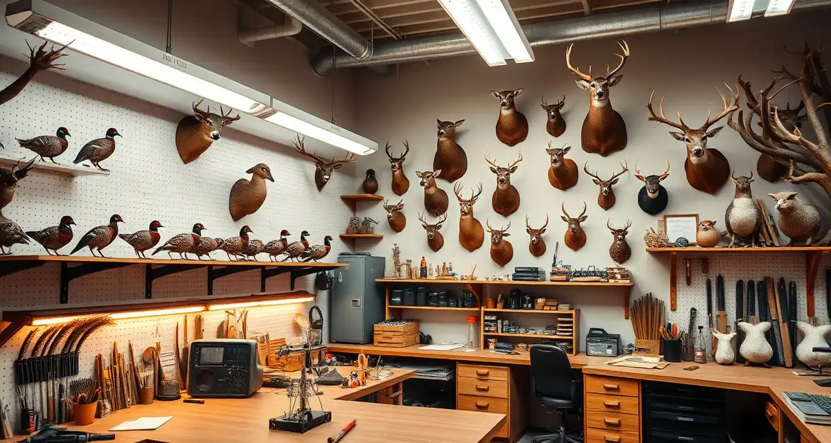 South Dakota Taxidermy Shop Operations Professional taxidermy shop workspace in South Dakota featuring mounted pheasants and deer displays organized on shelving systems for efficient shop management.