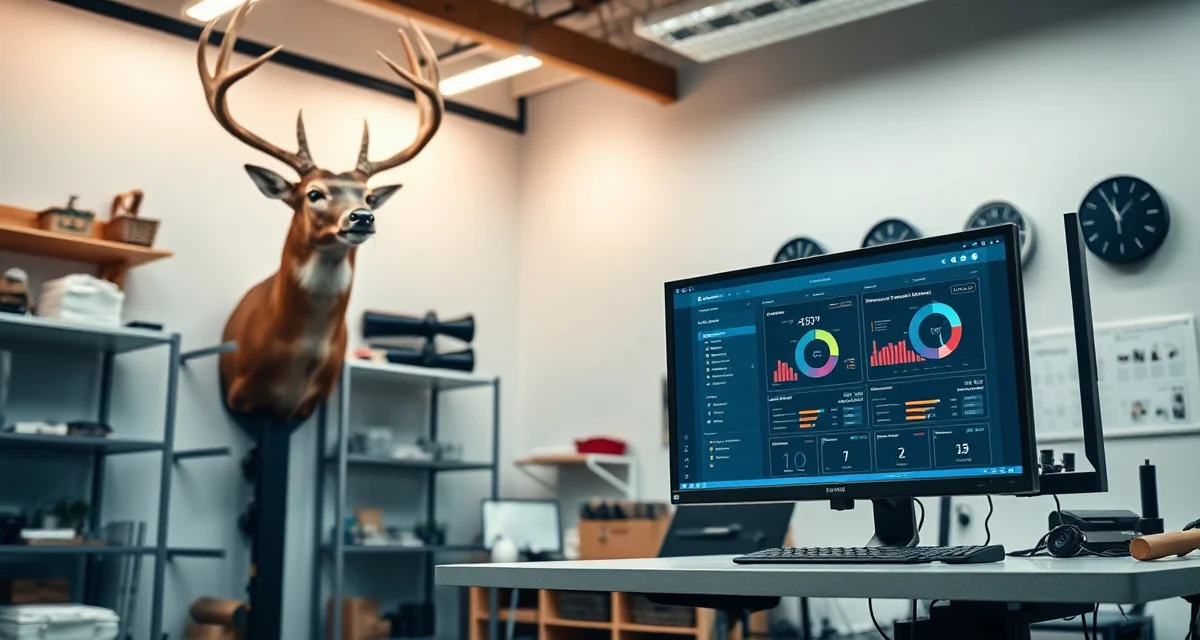Taxidermy shop using modern management software Modern taxidermy shop workspace with mounted deer and computer software dashboard for shop management and customer tracking.