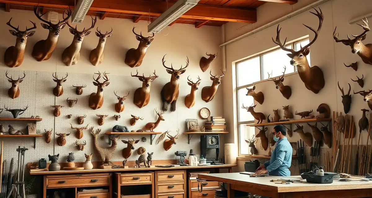 MountChief taxidermy management software for Southwest shops Professional taxidermy shop workspace with mounted specimens and compliance documentation for Southwest region operations