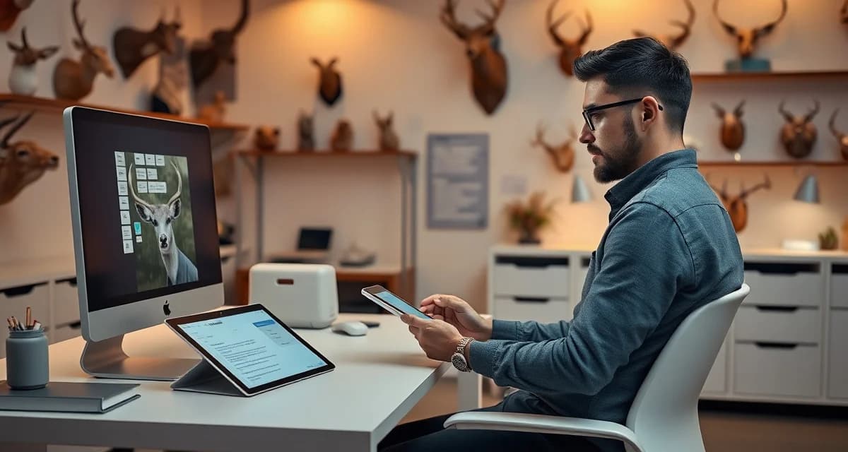 AI-powered taxidermy intake system streamlines shop operations Taxidermy shop owner using digital intake software with AI assistance to speed up mount processing workflow