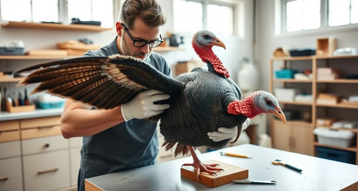 Spring turkey mounting preparation in professional taxidermy workshop Taxidermist preparing spring turkey specimen with proper handling protocols for seasonal intake management
