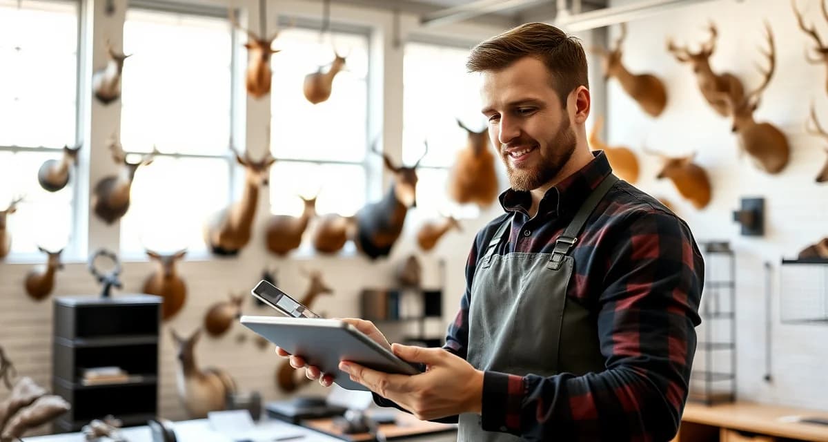 Digital tools for suburban taxidermy shop success Suburban taxidermy shop owner using management software to track customer intake and competitive advantage in populated market