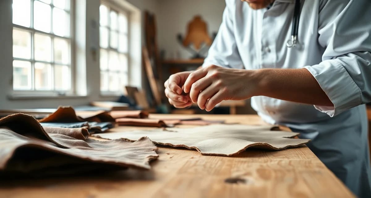 Professional tannery quality evaluation process Taxidermist evaluating tannery quality by examining hide samples and leather materials on a professional workbench.