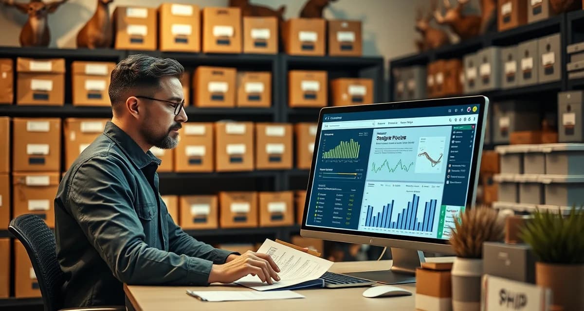 Streamlined tannery shipment tracking system Taxidermy shop owner tracking tannery shipments using MountChief management software dashboard on computer screen