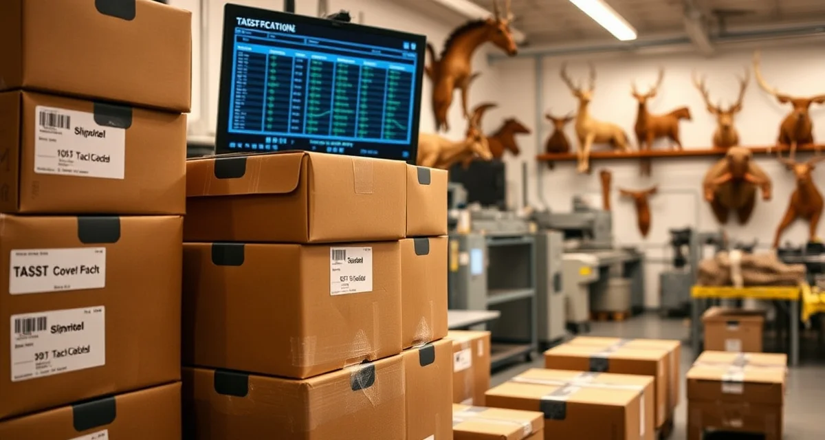 Tannery shipment tracking visibility solution Taxidermy shop owner tracking tannery shipments through MountChief software on computer dashboard with organized boxes