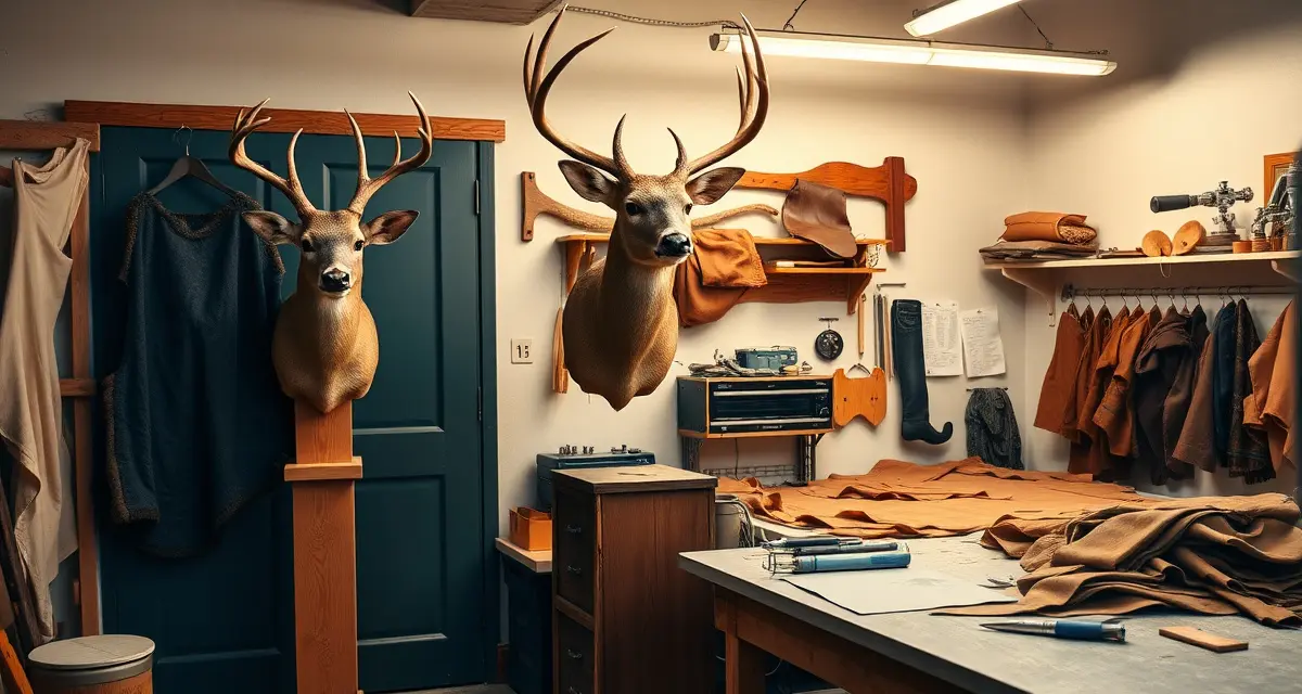 Taxidermy hide tanning and mounting workflow Comparison of tannery hide preservation and taxidermist trophy mounting processes in professional workshop