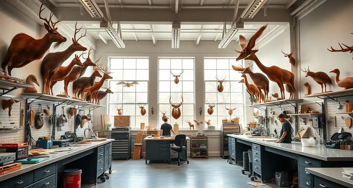 Professional taxidermy studio production setup Organized taxidermist workshop showing multiple workstations designed for efficient mount production workflow management.