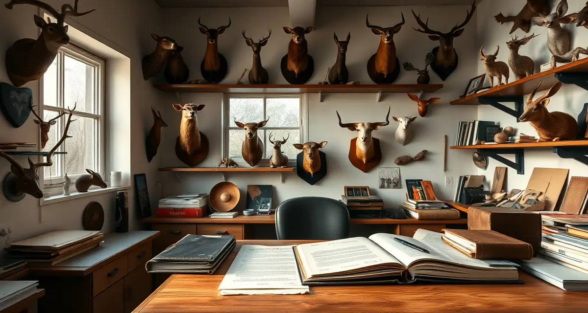 Taxidermist Legal Documentation and Artisan Lien Process Taxidermist workspace showing mounted specimens and legal documentation for artisan lien rights and payment collection
