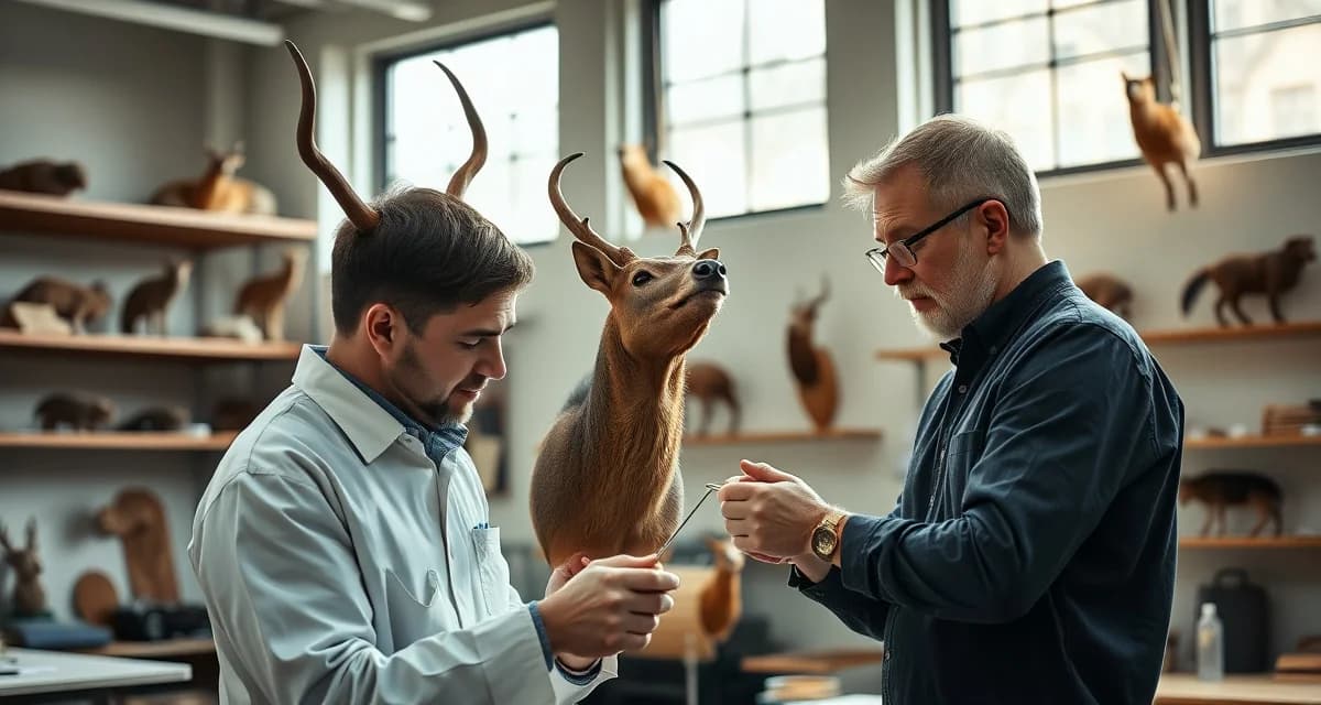 Certified taxidermist professional standards and credentials Professional taxidermist examining mounted wildlife specimen with precision tools in certified workshop studio
