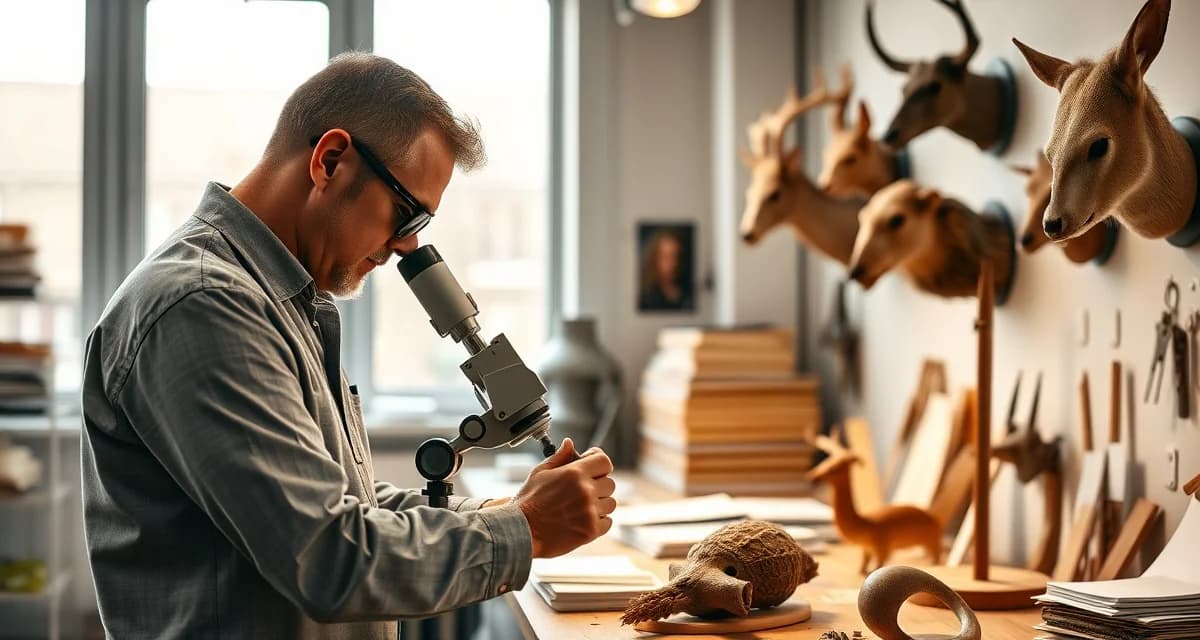 Professional continuing education for licensed taxidermists Taxidermist reviewing continuing education materials and mounted specimens in professional workshop setting