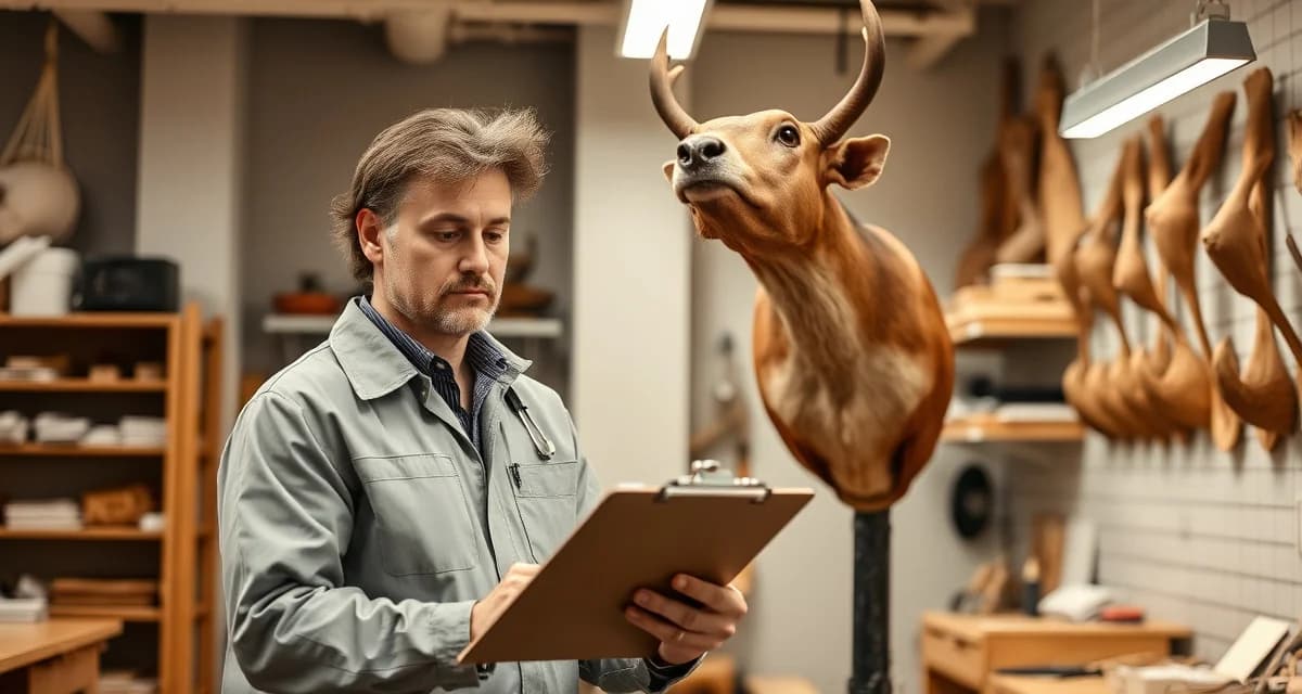 Professional taxidermy shop management for unclaimed mounts Taxidermist reviewing finished mount with documentation clipboard in professional shop setting for customer pickup dispute resolution
